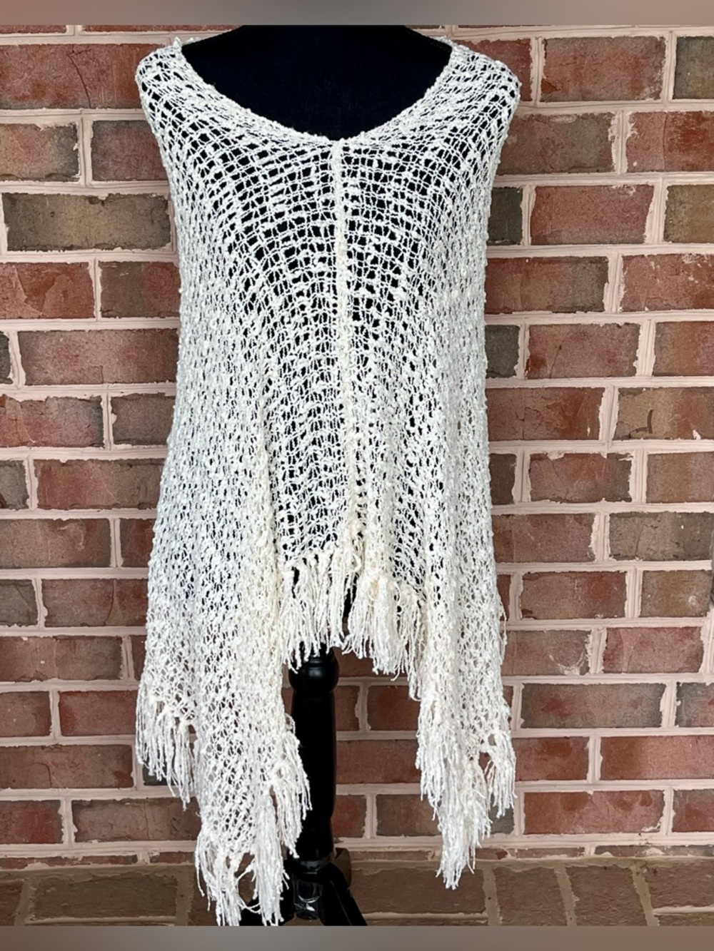 Lost River Cream Crochet Fringe Poncho Pullover | Boho Handmade Indonesia One SZ